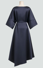 Navy satin midi dress with wide sleeves and belted waist seam detail
