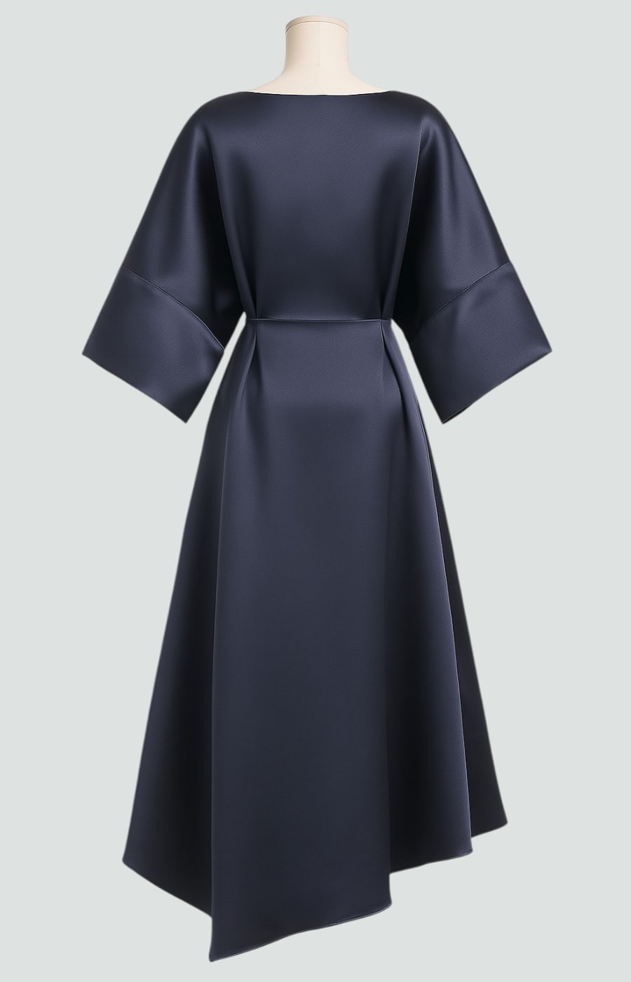 Navy satin midi dress with wide sleeves and belted waist seam detail