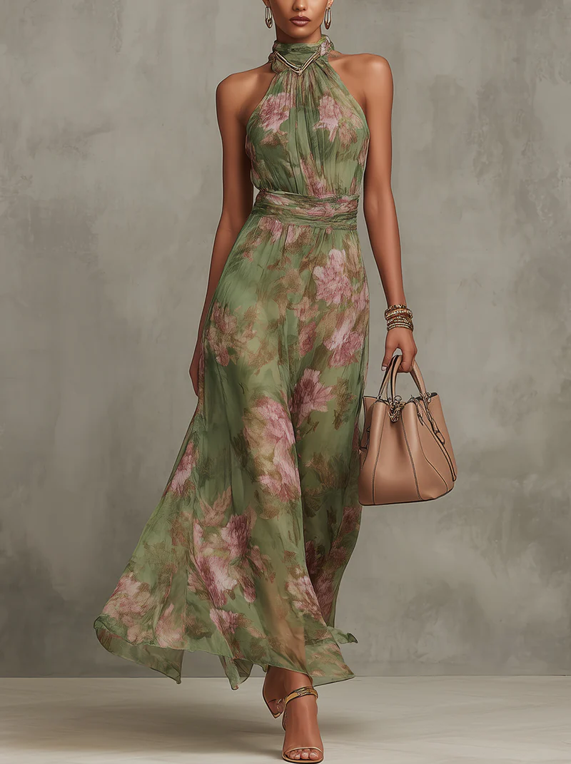 Women’s halter maxi dress in green floral print with ruched waist and flowing skirt.