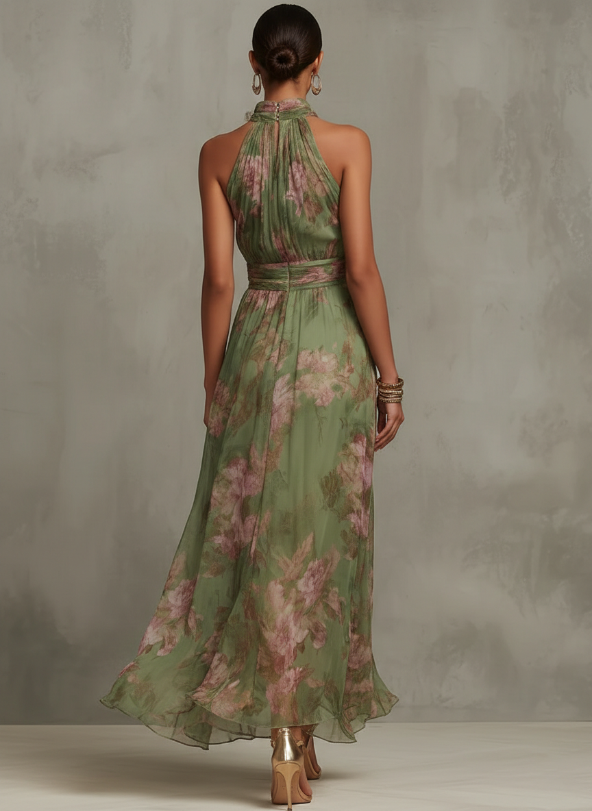Women’s halter maxi dress, back view, green floral print with gathered waist detail.