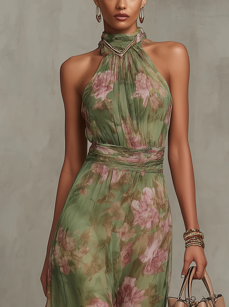 Women’s halter maxi dress neckline close-up with green floral print and ruched waist.