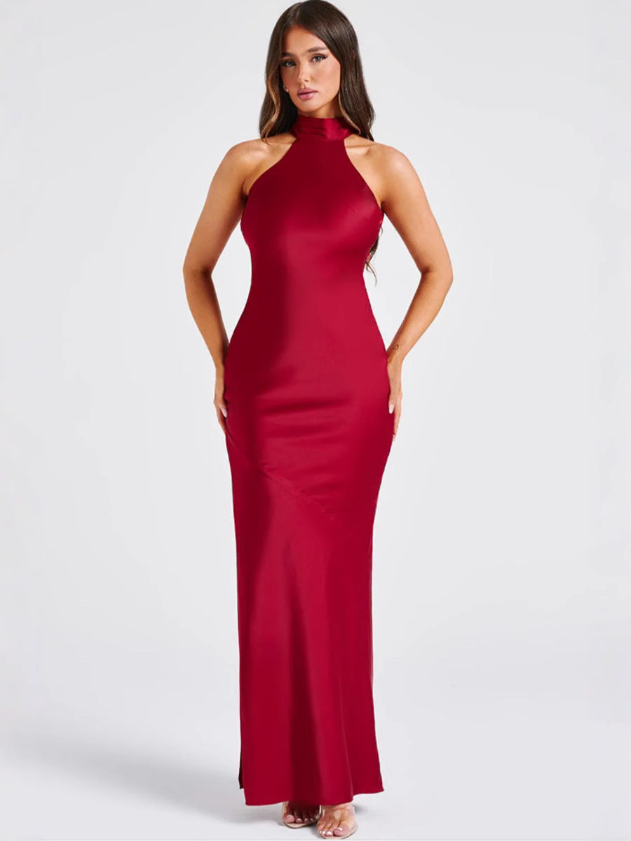 Burgundy satin halter neck maxi dress, sleeveless fitted column with long floor hem