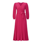 Women's hot pink long-sleeve pleated wrap maxi dress with waist tie