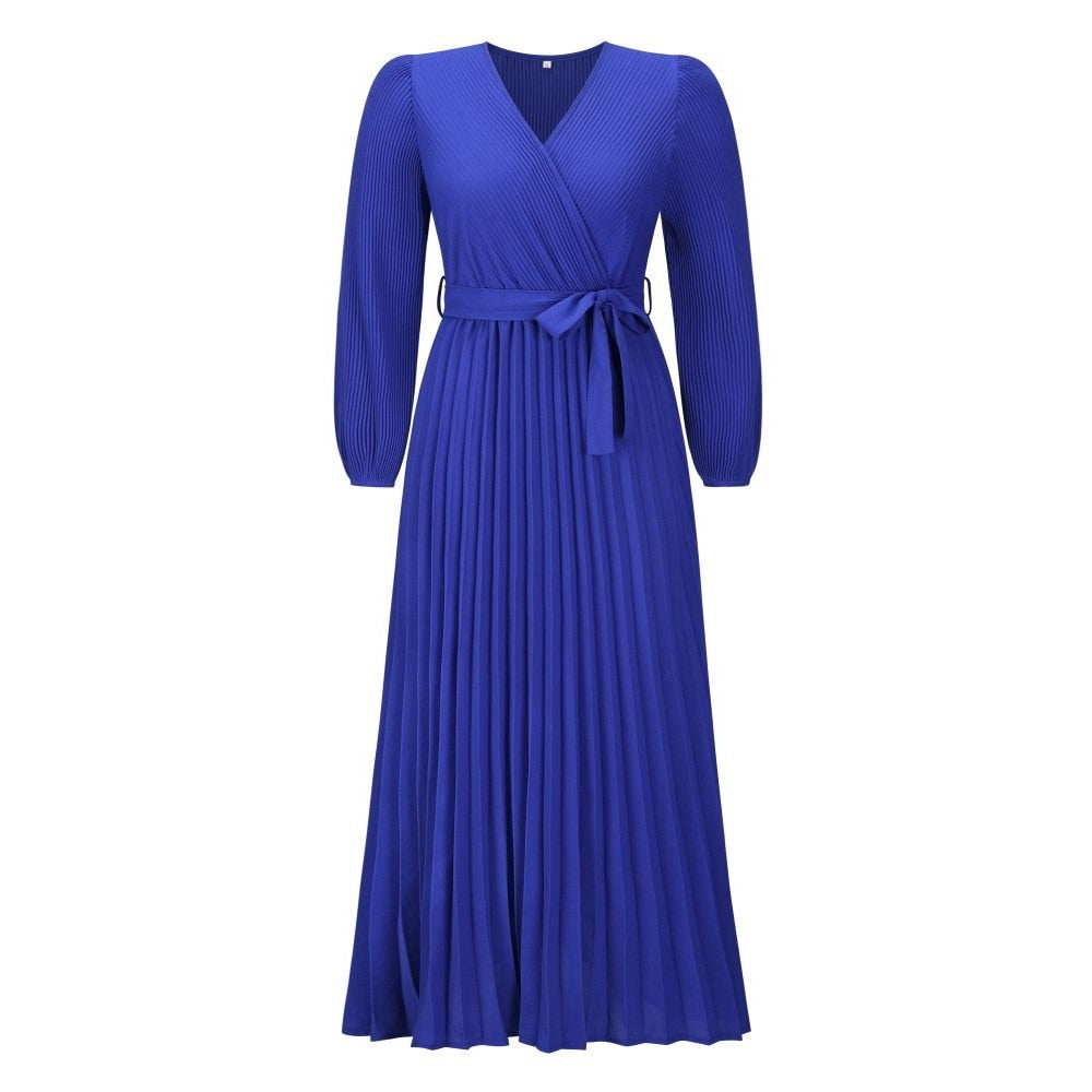 Women's blue long-sleeve pleated wrap maxi dress with waist tie