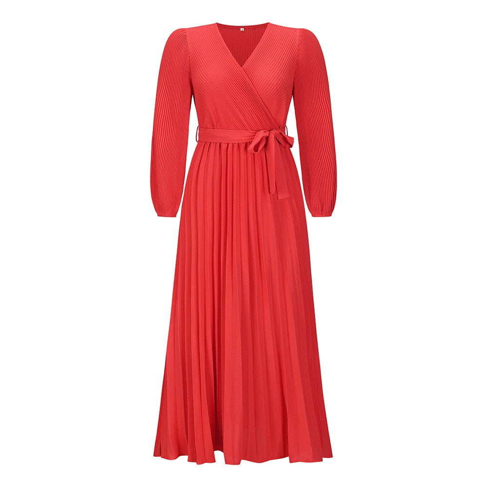 Women's red long-sleeve pleated wrap maxi dress with waist tie