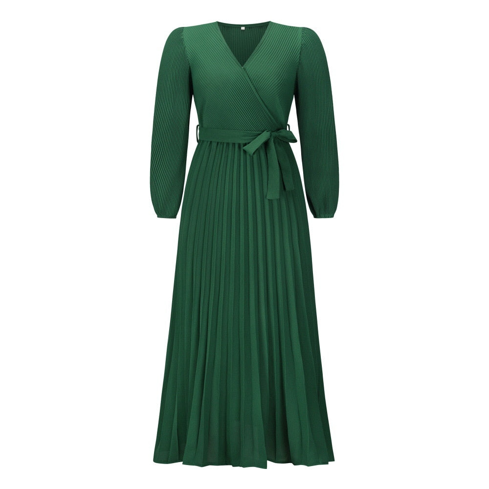 Women's green long-sleeve pleated wrap maxi dress with waist tie