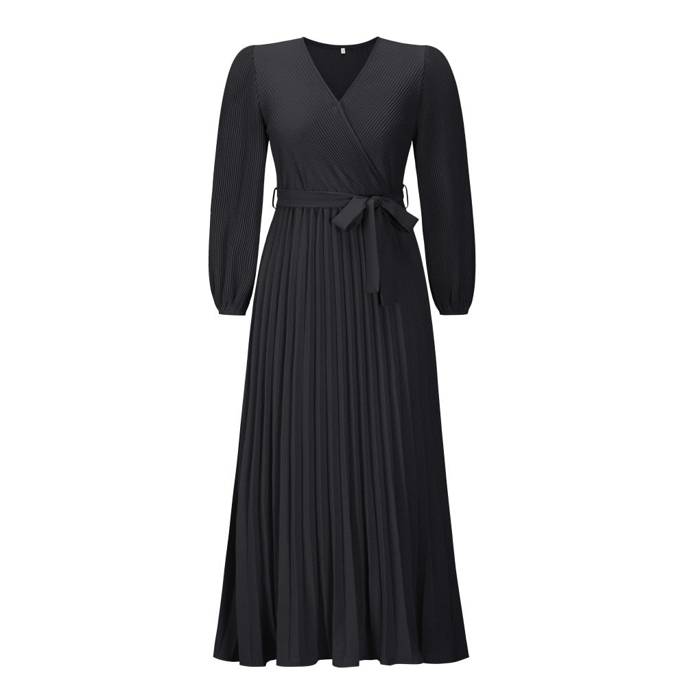 Women's black long-sleeve pleated wrap maxi dress with waist tie