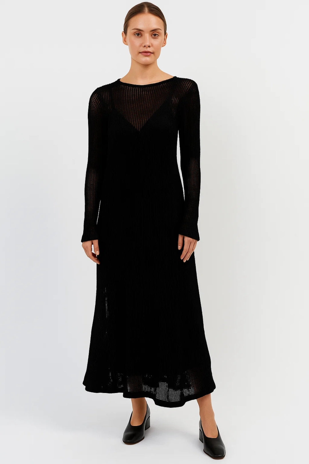 Black sheer knit maxi dress with long sleeves and V-neck front