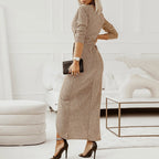 Beige long-sleeve midi dress with V-neck and draped waist, side slit detail