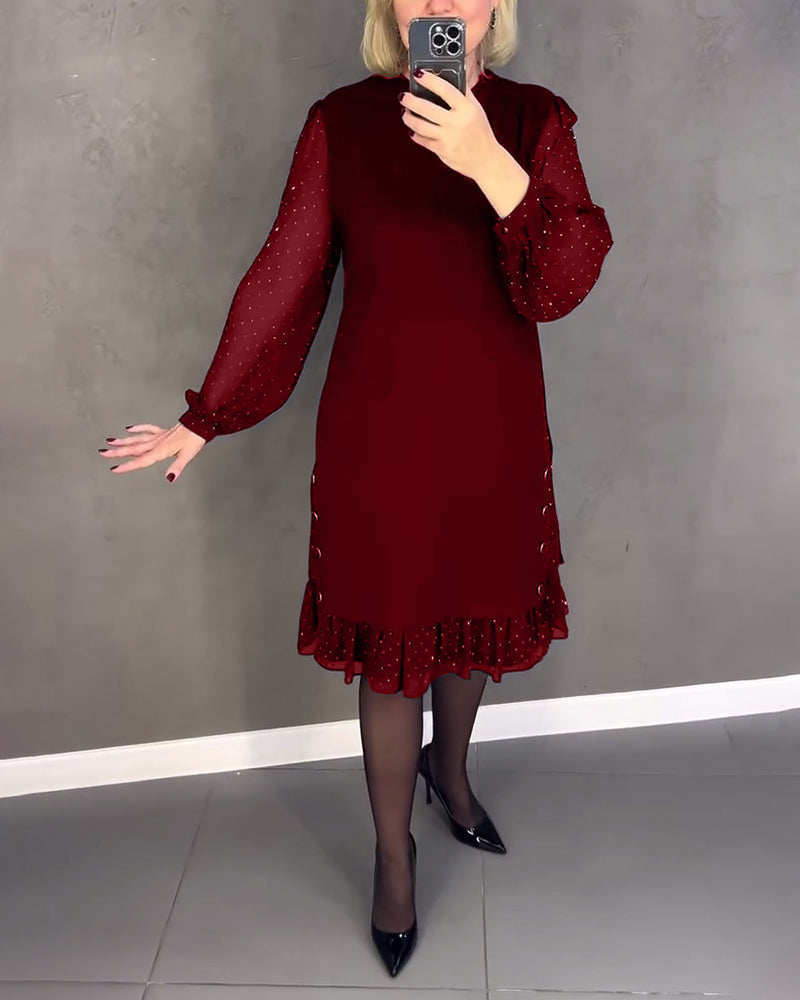 Red midi shift dress with long sheer polka-dot sleeves and ruffled hem