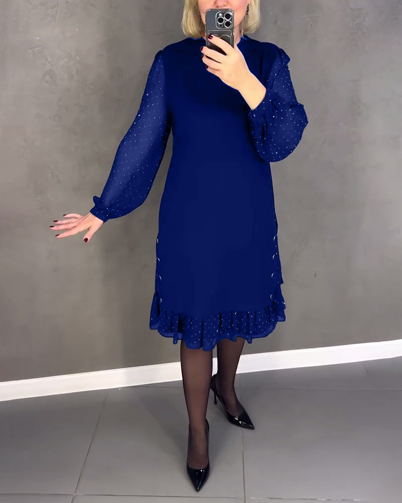 Blue midi shift dress with long sheer polka-dot sleeves and ruffled hem