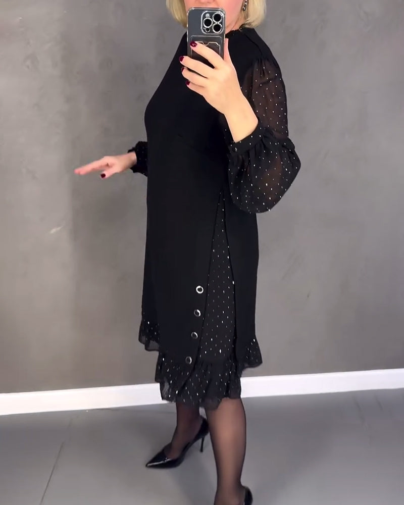 Black midi shift dress with button-front detail, long sheer polka-dot sleeves, ruffled hem