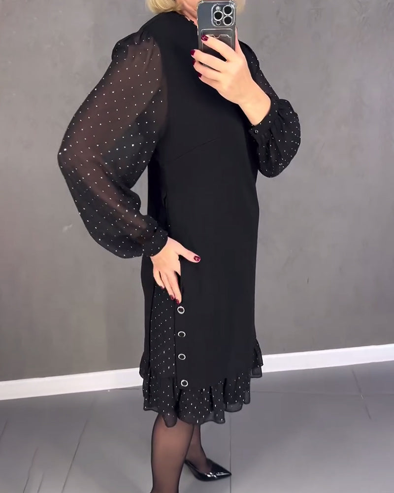 Black midi shift dress with button-front and sheer polka-dot long sleeves