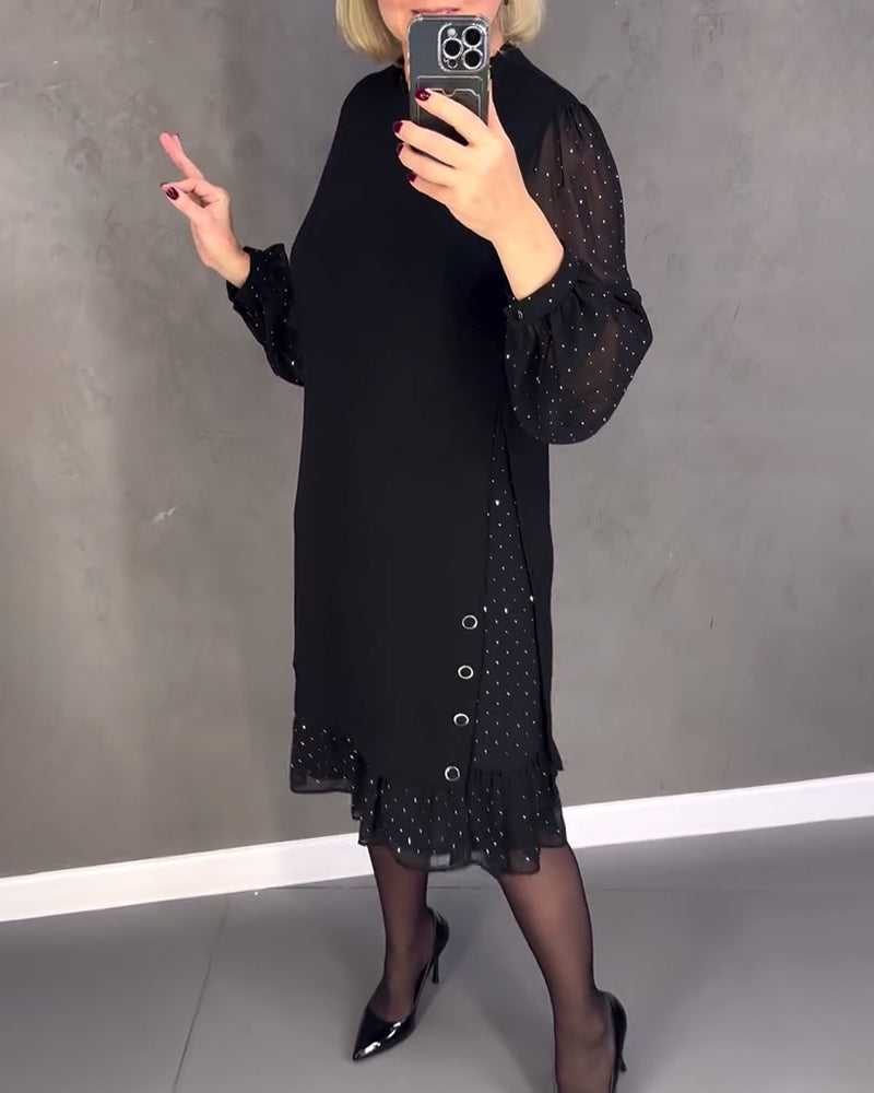 Black midi shift dress with button-front, sheer polka-dot sleeves, and midi ruffle hem