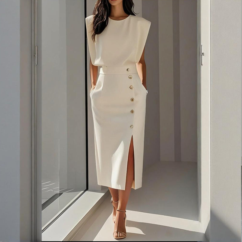 White structured midi dress with side button detail and front slit