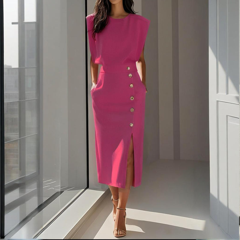 Hot pink sleeveless midi dress with gold button detail and front slit