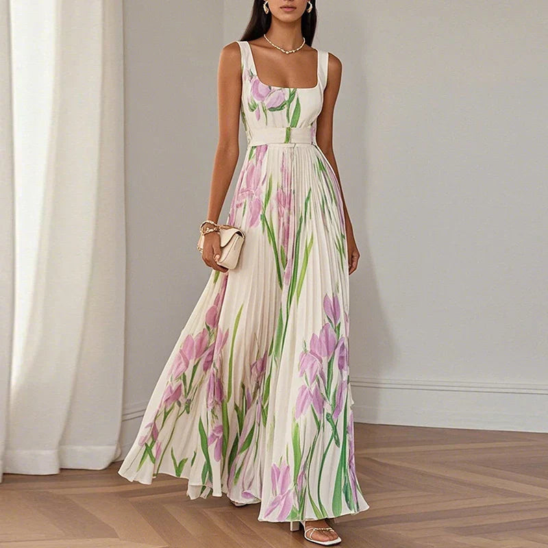 Floral pleated maxi dress in white with pink and green botanical print, square neckline