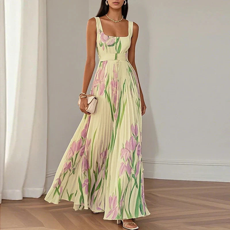 Floral pleated maxi dress in cream with pink and green botanical print, square neckline
