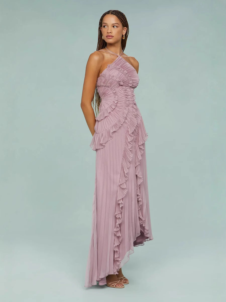 Lilac-pink ruffle halter dress with spiral tiers and flowing layered skirt