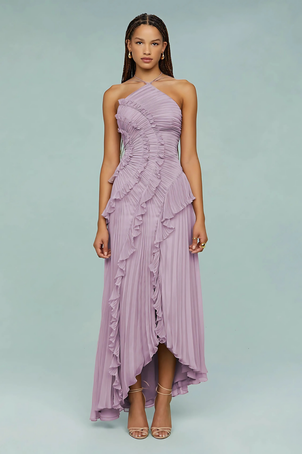 Lavender spiral ruffle halter dress with layered tiers and asymmetrical midi hem