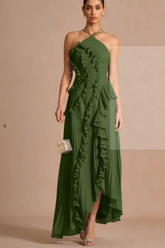 Green spiral ruffle halter dress with layered ruffle panels and asymmetrical midi hem