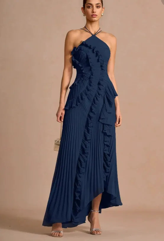 Navy spiral ruffle halter dress with layered ruffle panels and asymmetrical midi hem
