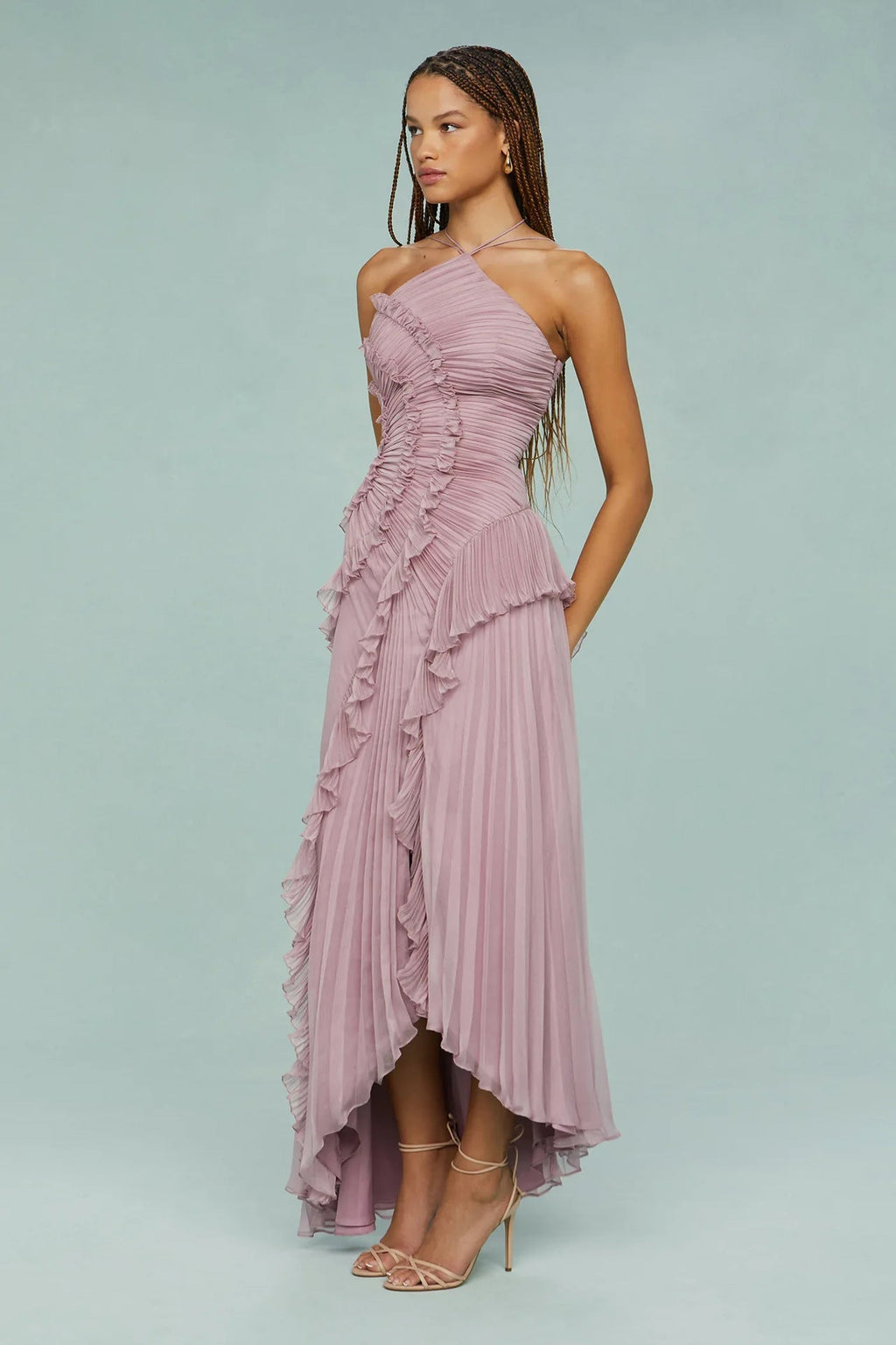 Lilac ruffle halter dress with spiral pleated bodice and cascading tiered ruffles