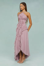 Lilac ruffle halter dress with spiral pleated bodice and cascading tiered ruffles