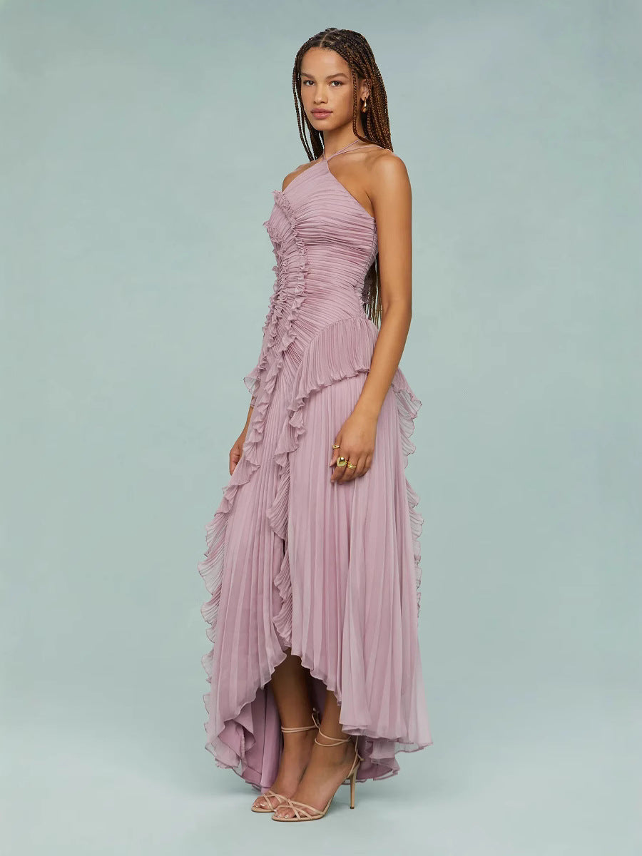 Soft pink ruffle halter midi dress with spiral tiers and layered asymmetrical skirt
