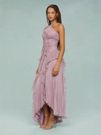 Soft pink ruffle halter midi dress with spiral tiers and layered asymmetrical skirt