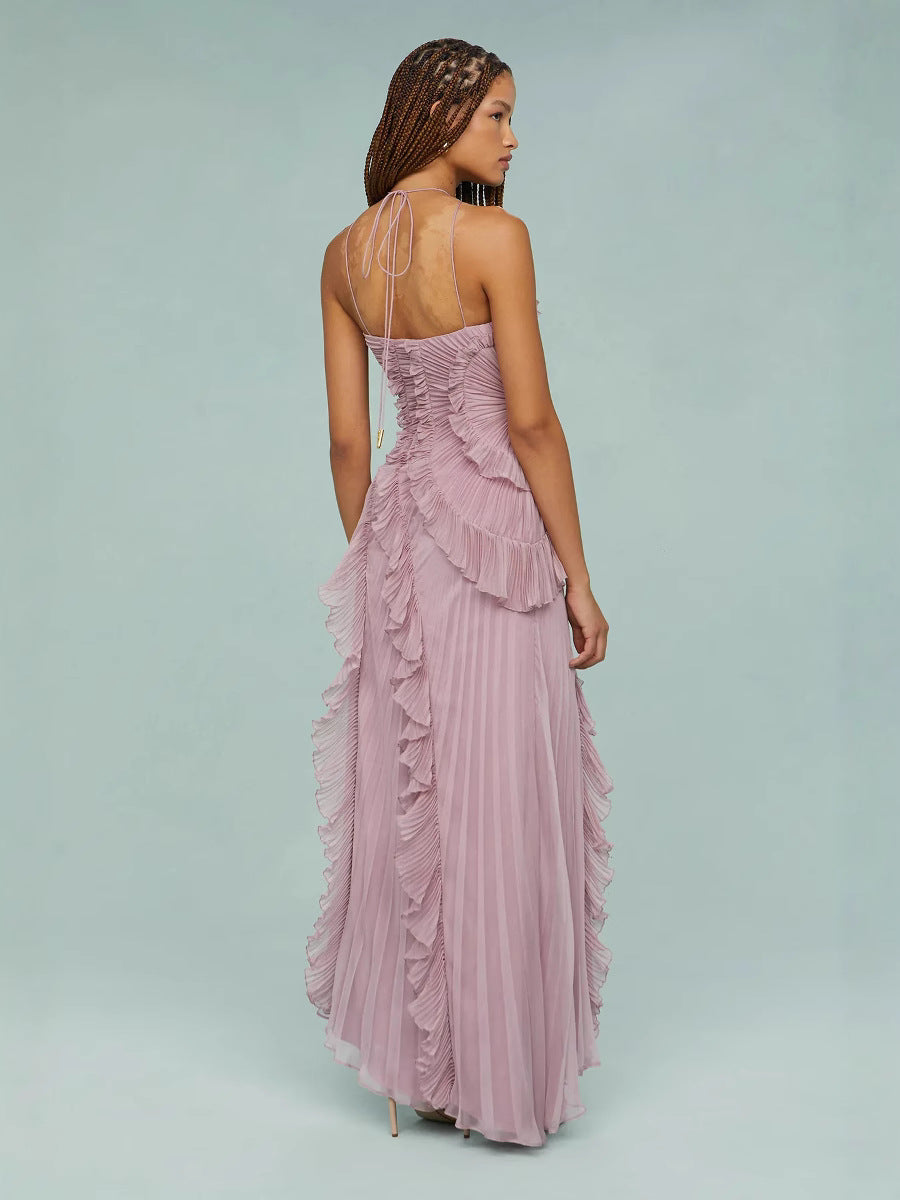 Lilac-pink ruffle halter dress, open back, spiral ruffle tiers and tiered skirt