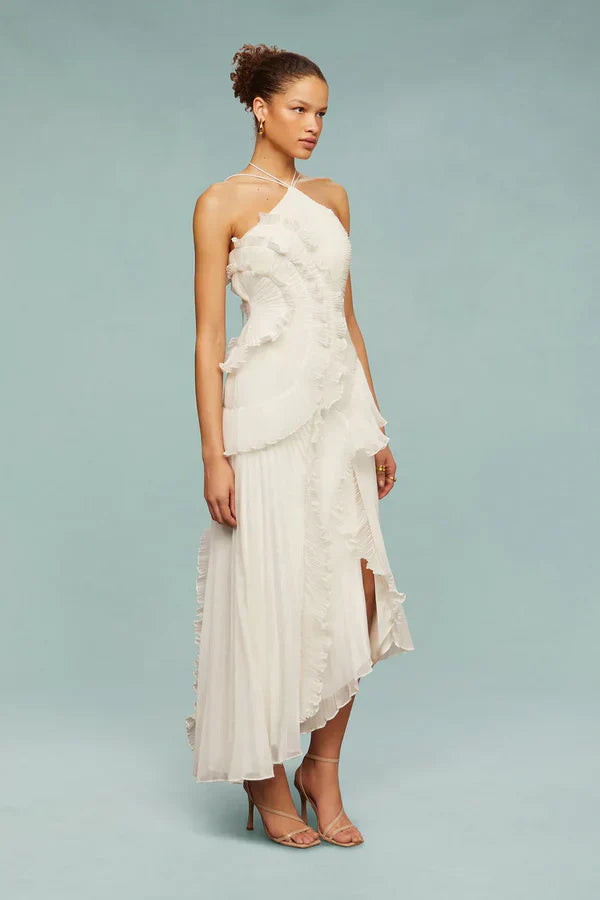 White ruffle halter midi dress with spiral-like tiers and layered asymmetrical hem