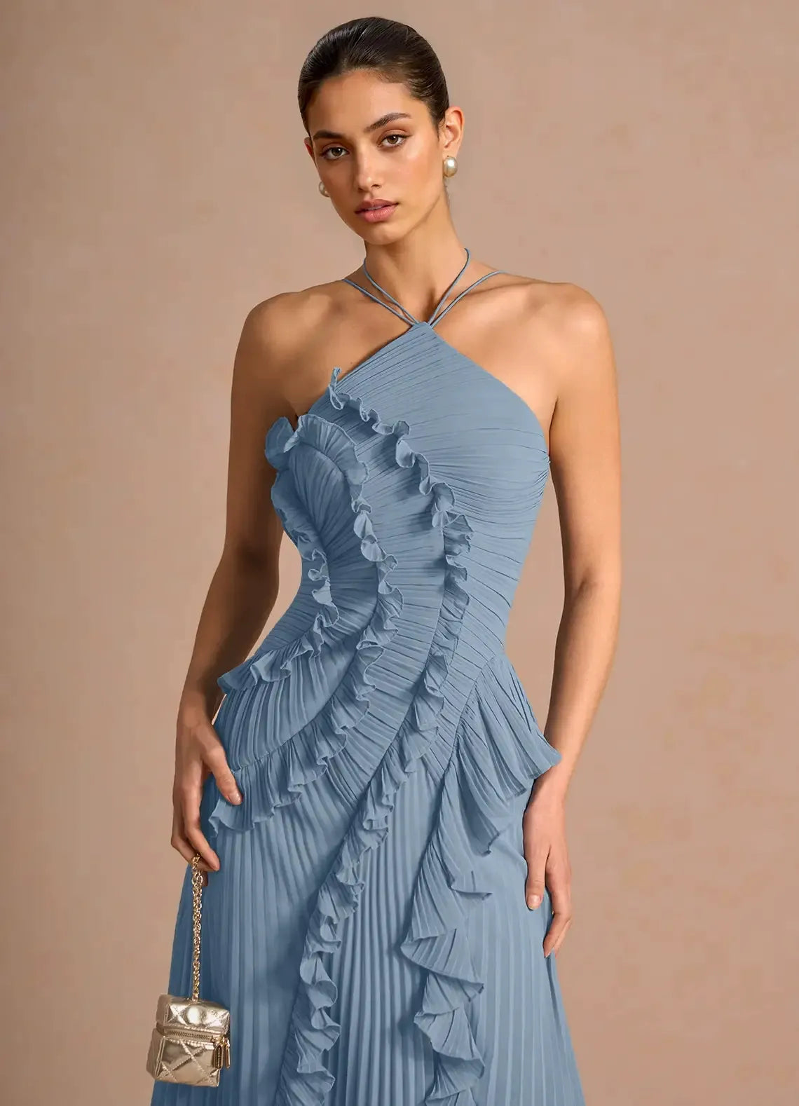 Light blue ruffle halter dress with spiral-tiered bodice and layered skirt