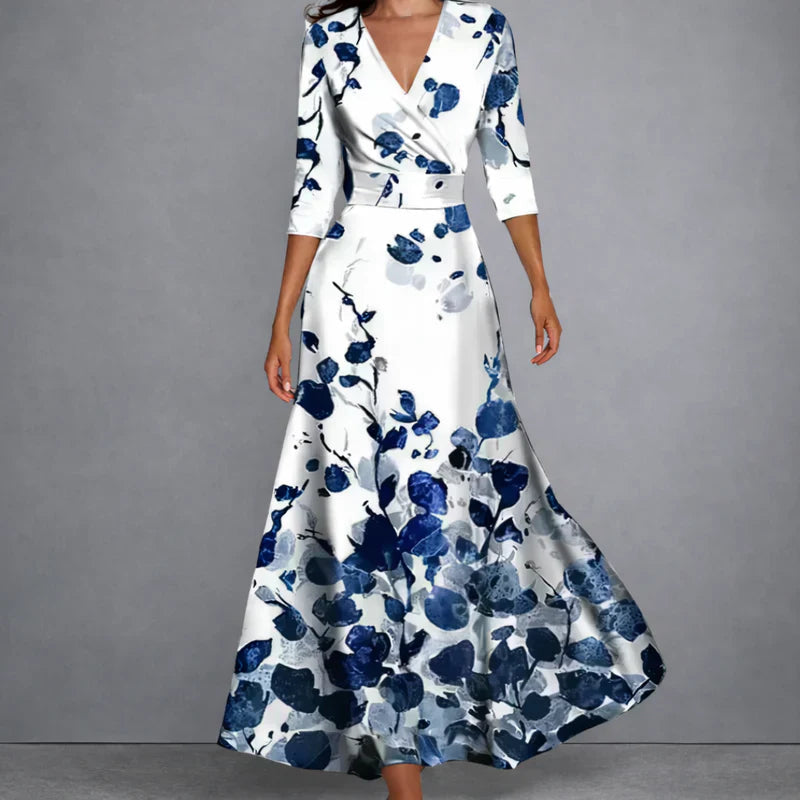 Women’s wrap maxi dress with V-neck, three-quarter sleeves, white floral with blue print