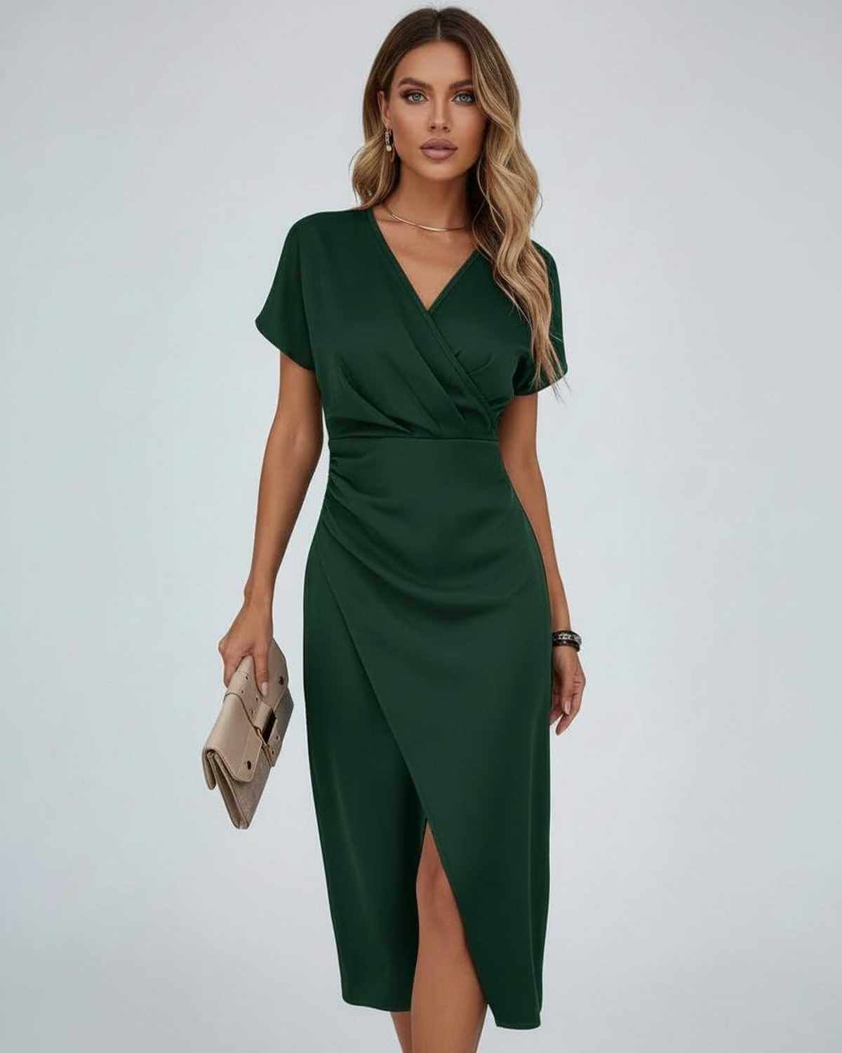 Green wrap midi dress with V-neck, draped waist, and side split hem