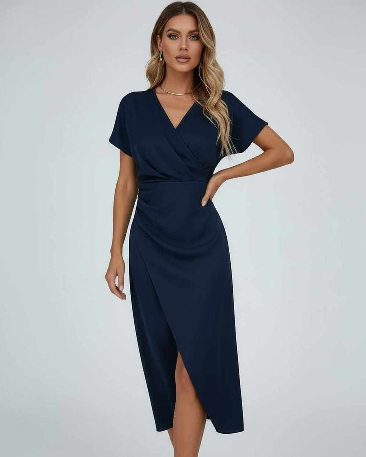 Navy wrap midi dress with V-neck, draped waist, and side split hem
