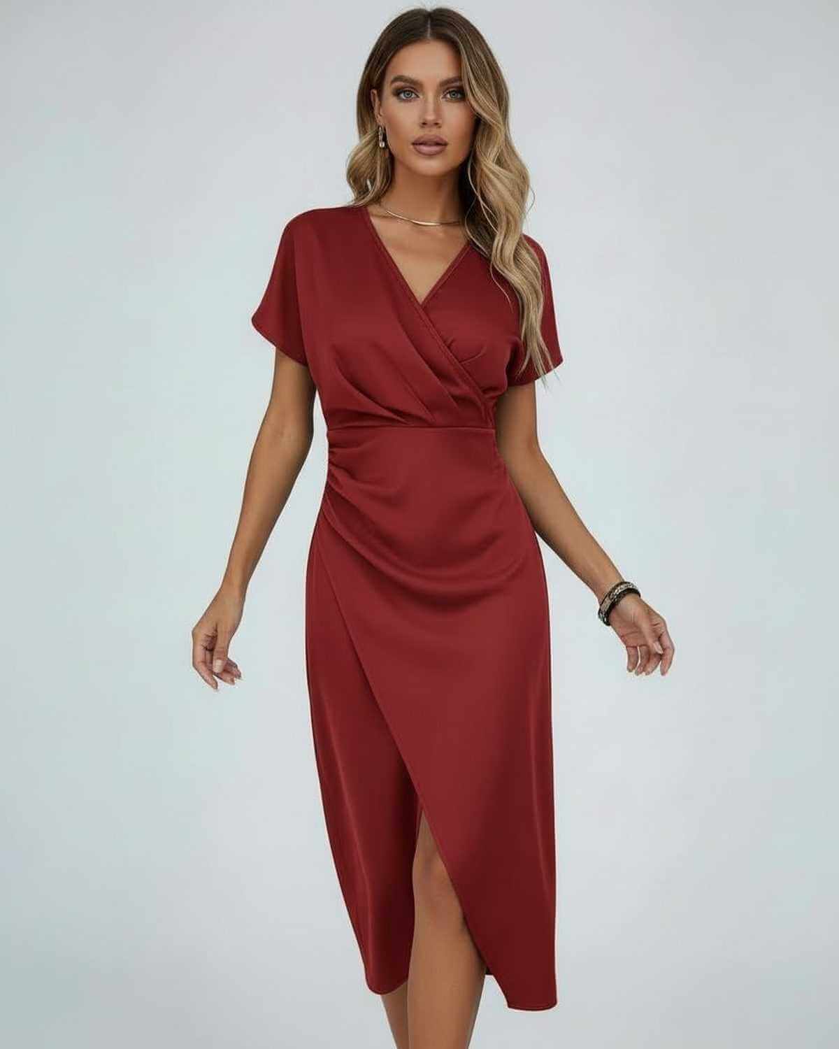 Red wrap midi dress with V-neck, draped waist, and side split hem