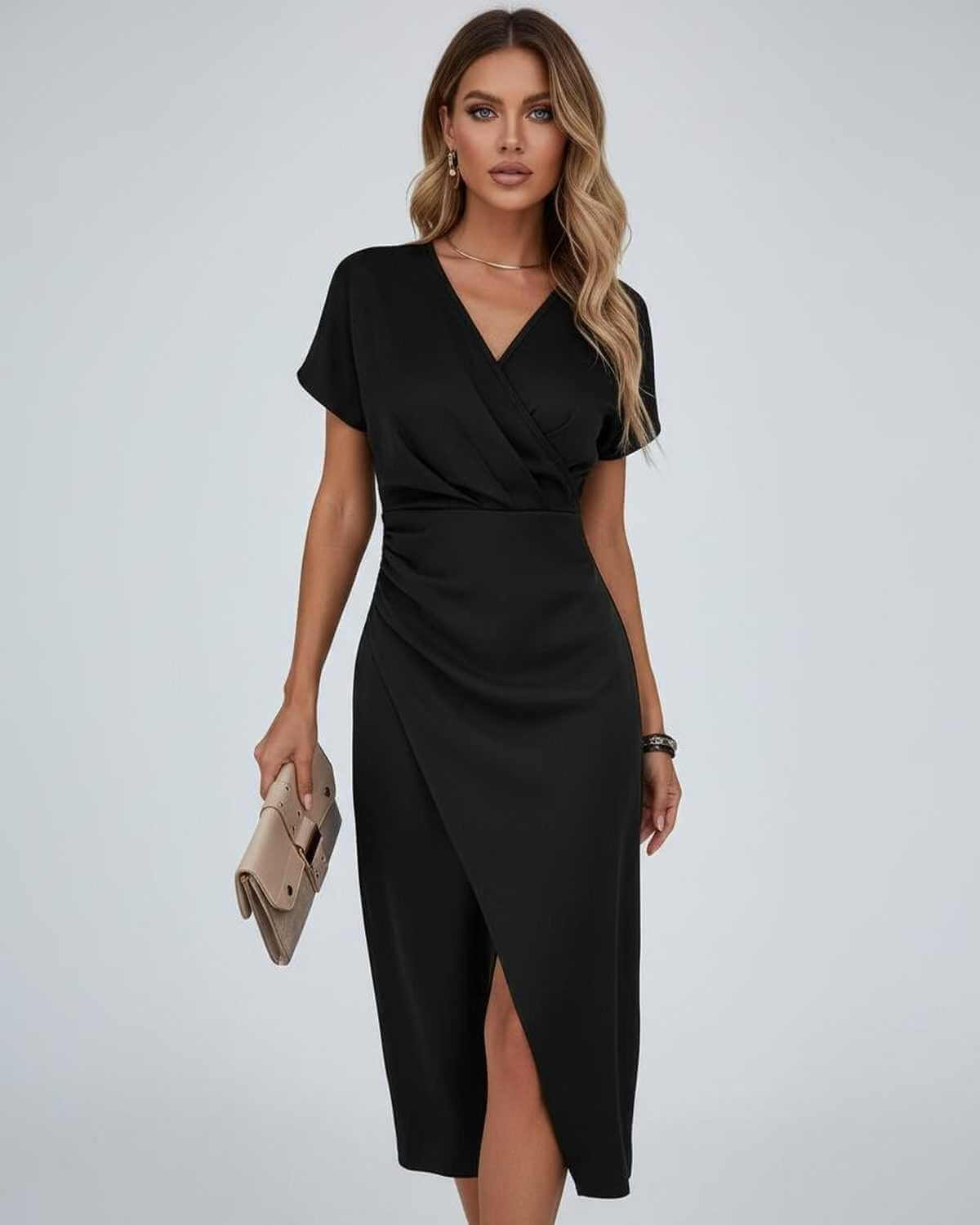 Black wrap midi dress with V-neck, draped waist, and side split hem