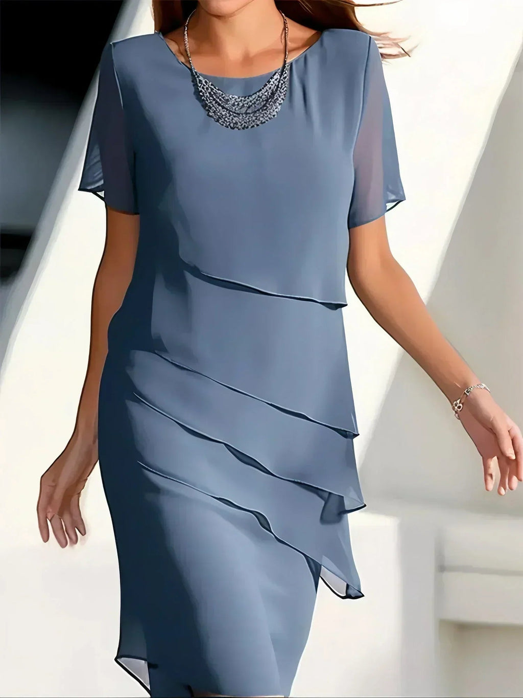 Women's layered chiffon midi dress, short sleeves, scoop neck, blue ruffle drape
