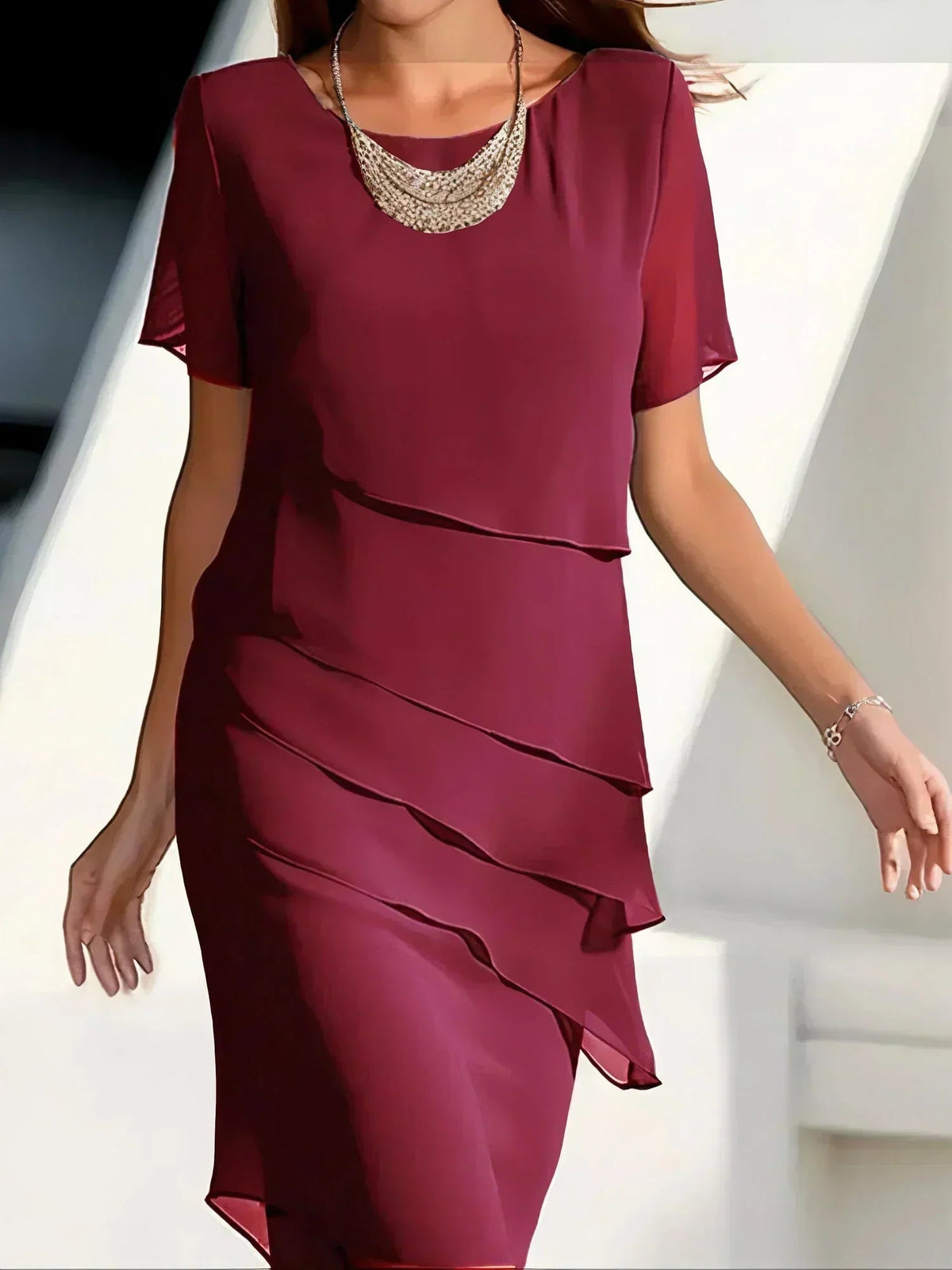 Women's layered chiffon midi dress, short sleeves, scoop neck, burgundy ruffle drape