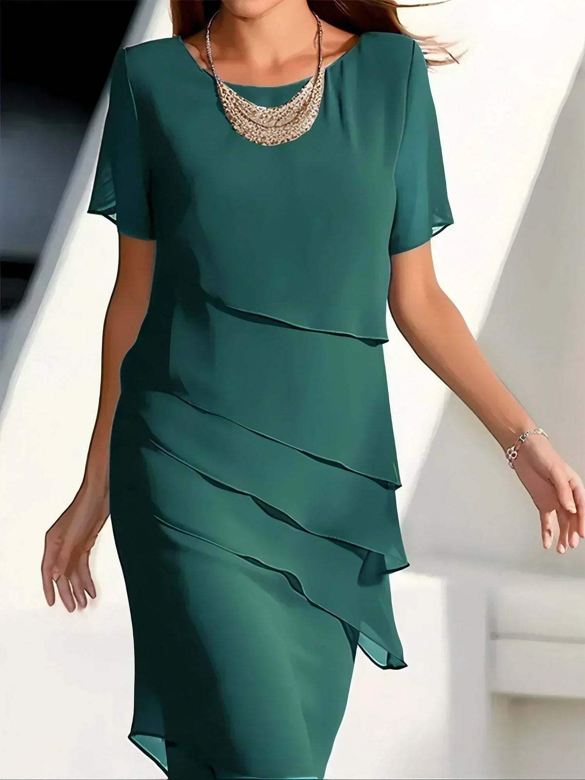 Women's layered chiffon midi dress, short sleeves, scoop neck, teal-green ruffle drape