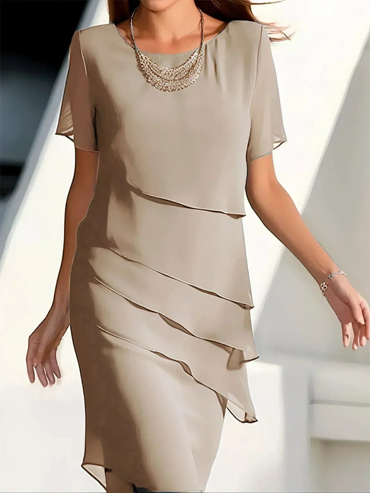 Women's layered chiffon midi dress, short sleeves, scoop neck, beige ruffle drape