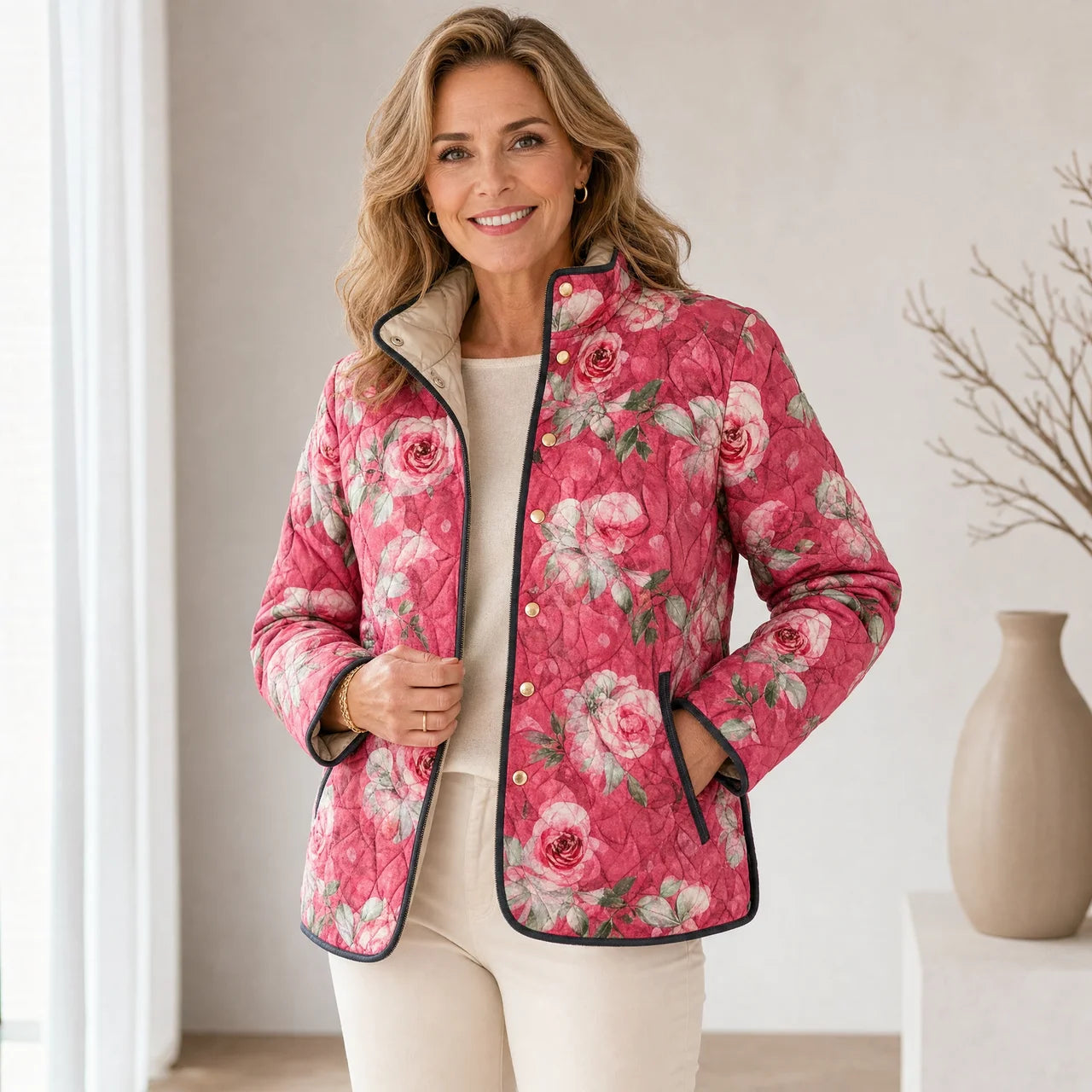 Pink floral quilted lightweight jacket worn by model, snap-front with stand collar