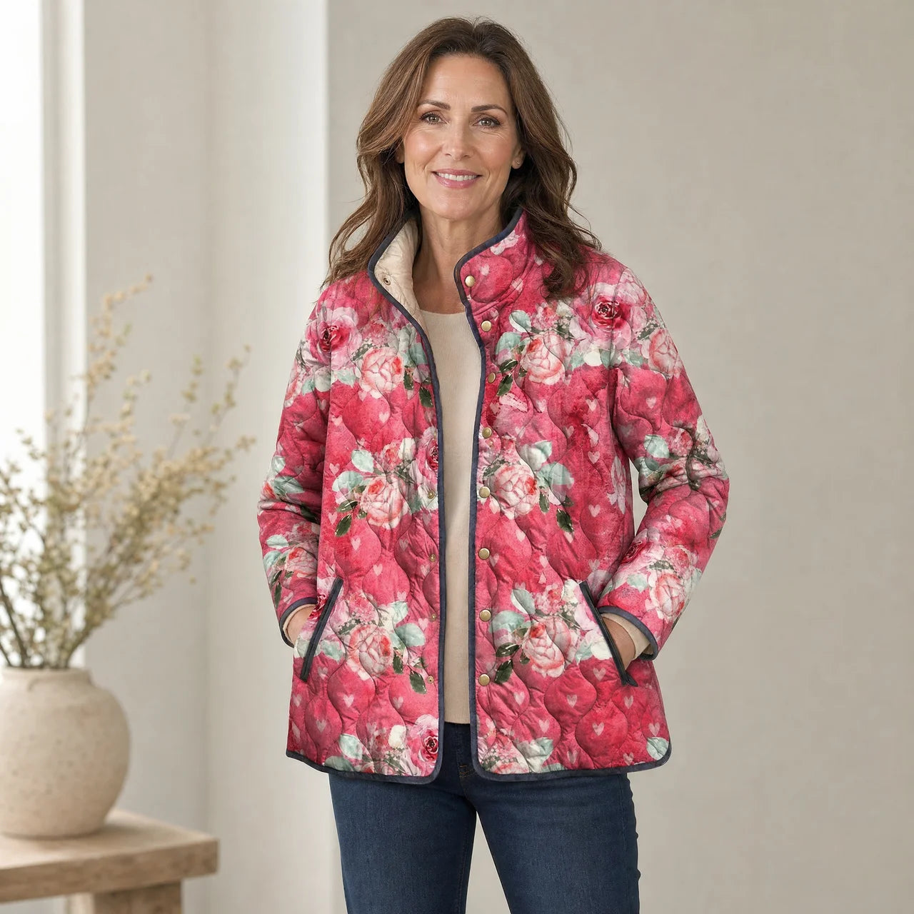 Pink floral quilted lightweight jacket with black piping, snap buttons and stand collar