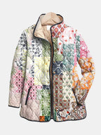 Multicolor patchwork quilted lightweight jacket with floral pattern and stand collar