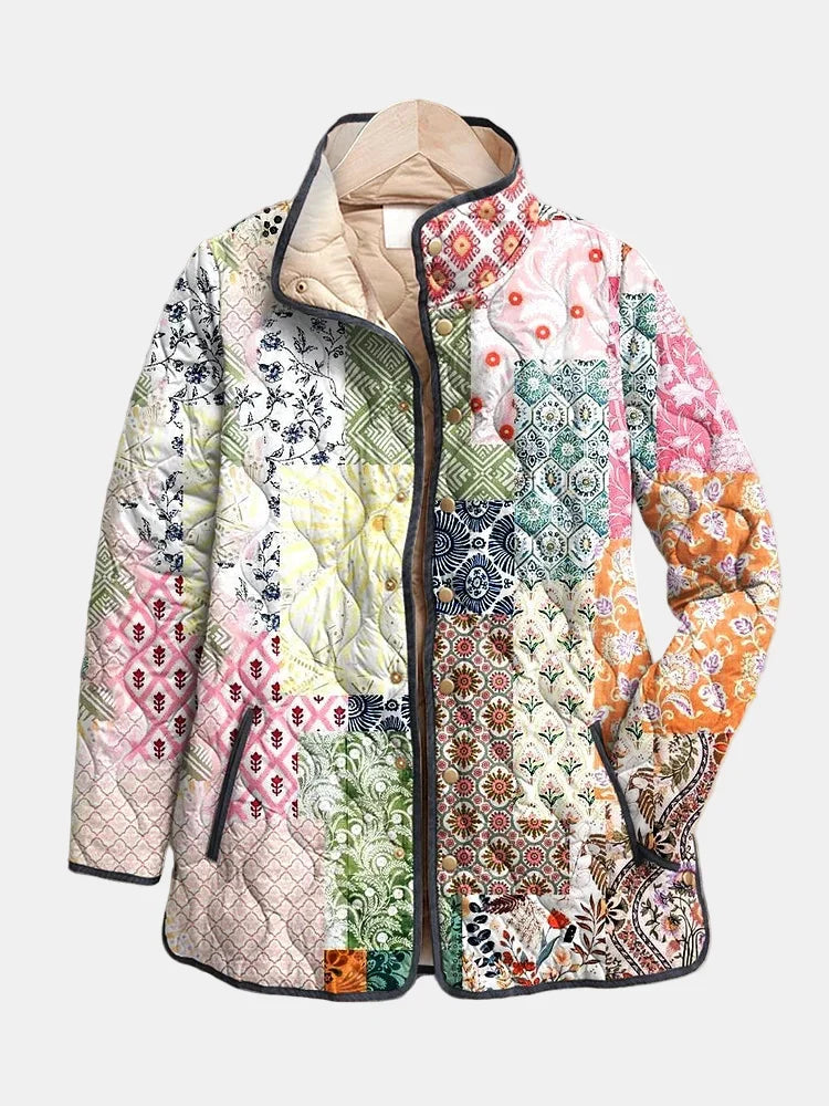 Multicolor patchwork quilted lightweight jacket with floral pattern and stand collar
