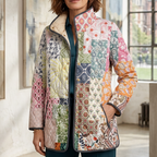 Multicolor quilted lightweight jacket with floral patchwork, zip front and side pockets