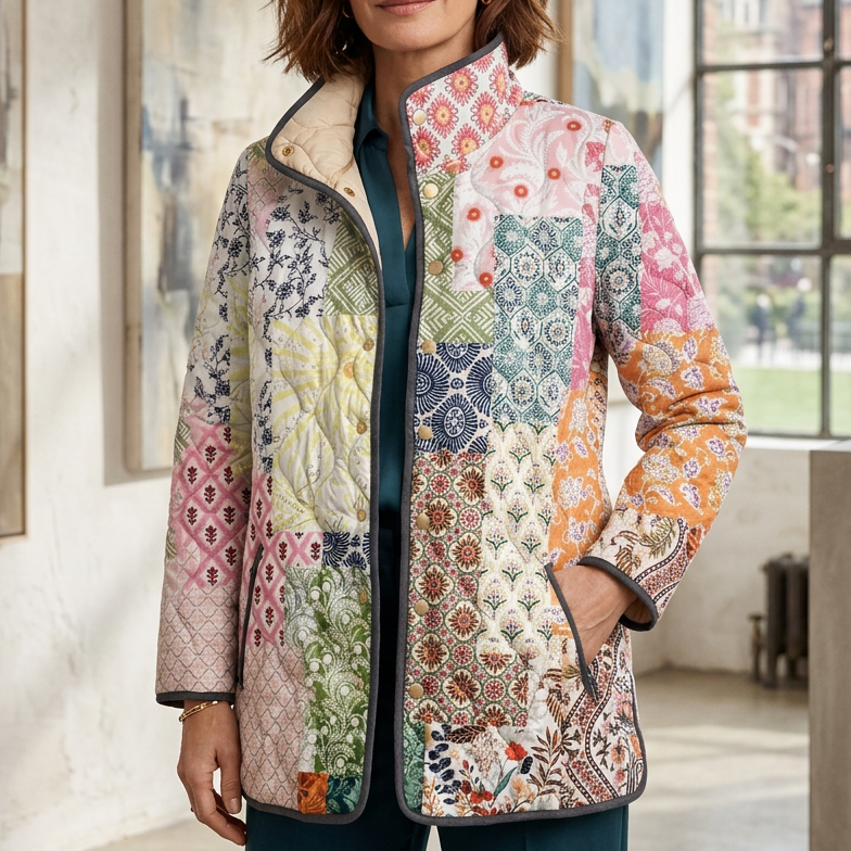 Multicolor quilted lightweight jacket with floral patchwork, zip front and side pockets