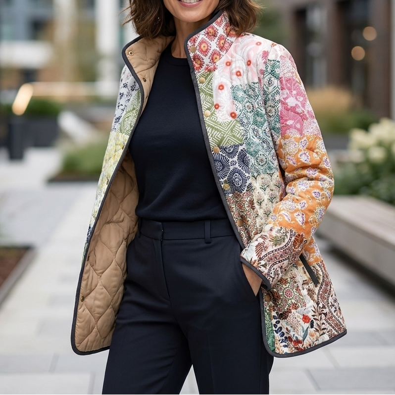 Multicolor quilted lightweight jacket with floral patchwork and zip front