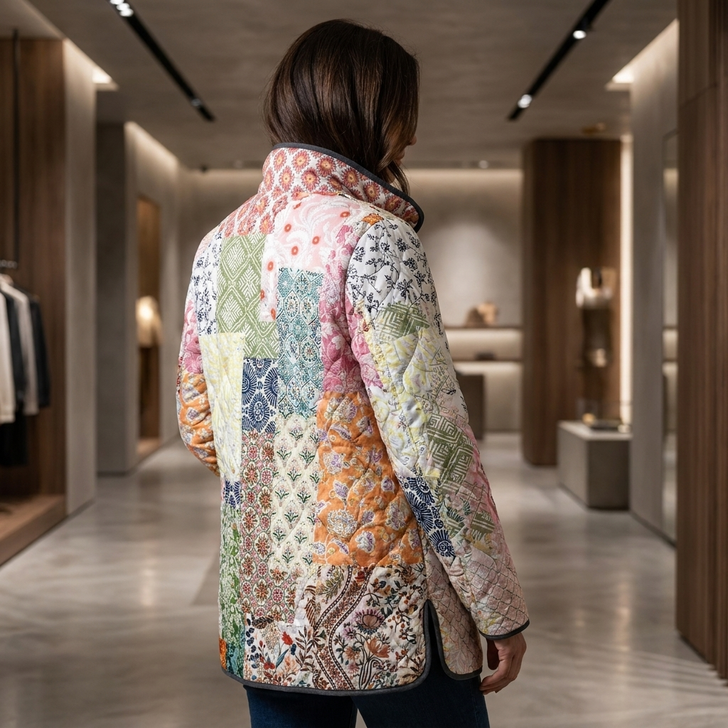 Multicolor floral patchwork quilted jacket with stand collar, viewed from back